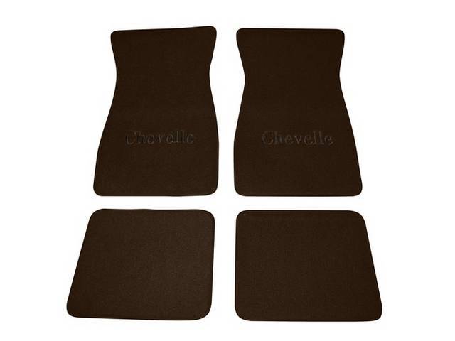 FLOOR MATS, Carpet, Raylon (Loop Style), Dark Saddle w/ *Chevelle* in black lettering, (4)