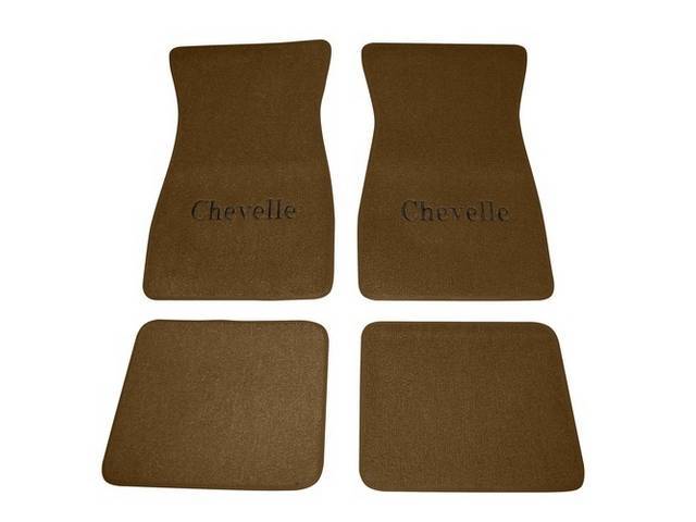 FLOOR MATS, Carpet, Raylon (Loop Style), Saddle w/ *Chevelle* in black lettering, (4)