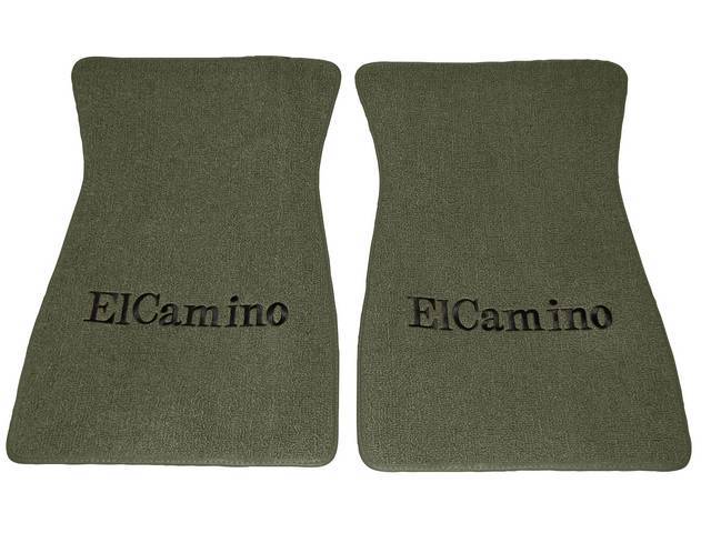 FLOOR MATS, Carpet, Raylon (Loop Style), Medium Green (Actual Color is Moss Green) w/ *El Camino* in black lettering, (2)