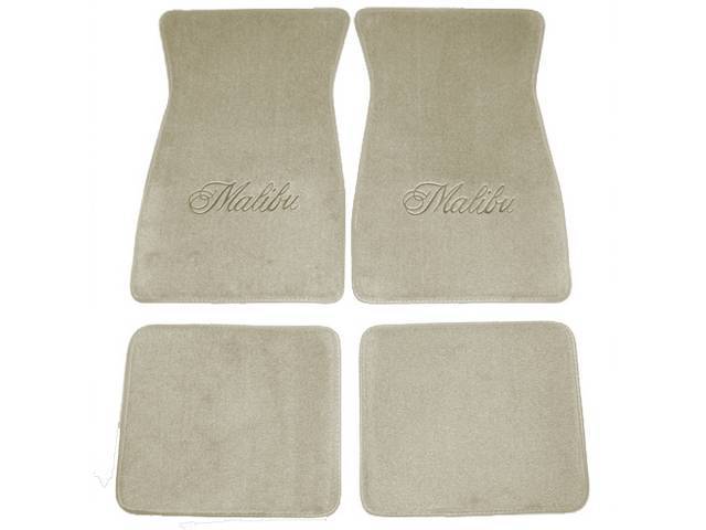 FLOOR MATS, Carpet, Cut Pile, White w/ *Malibu* in black lettering, (4)