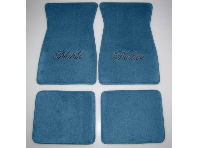 FLOOR MATS, Carpet, Cut Pile, Medium Blue w/ *Malibu* in black lettering, (4)