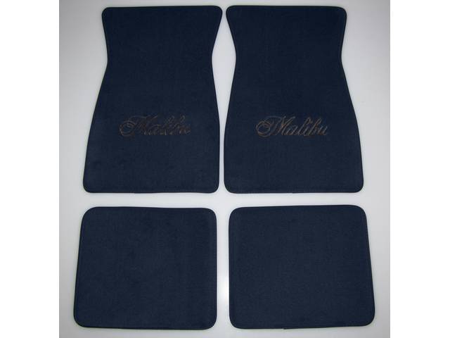 FLOOR MATS, Carpet, Cut Pile, Dark Blue w/ *Malibu* in black lettering, (4)