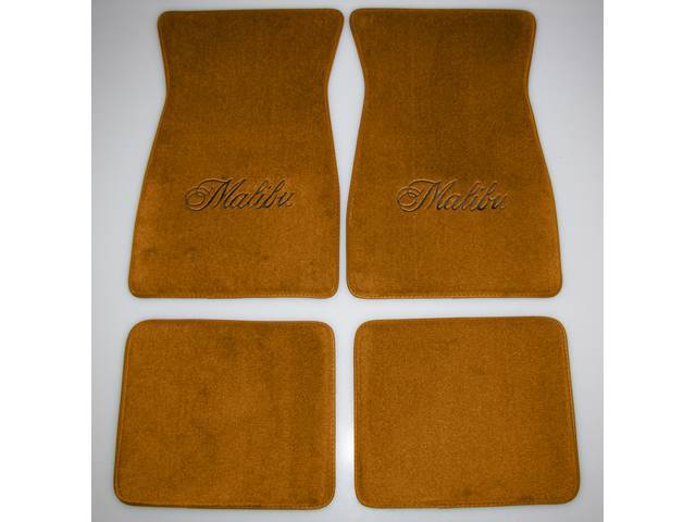 FLOOR MATS, Carpet, Cut Pile, Medium Chamois (Brown) w/ *Malibu* in black lettering, (4)