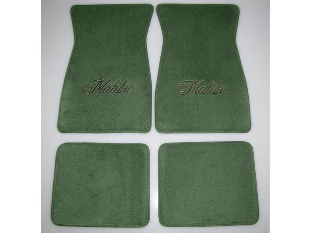 FLOOR MATS, Carpet, Cut Pile, Sage Green (Light Green) w/ *Malibu* in black lettering, (4)