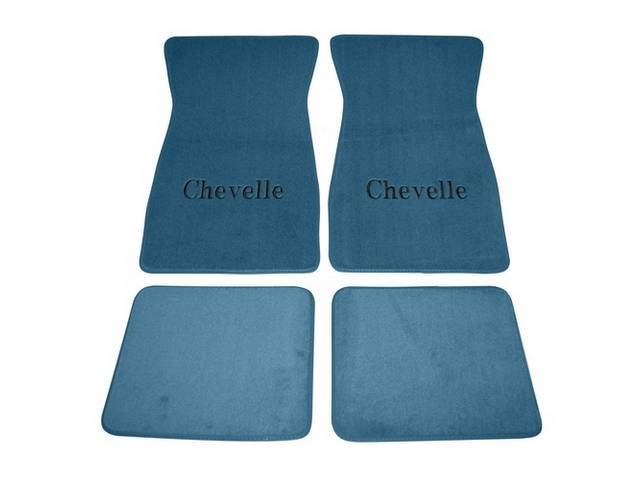 FLOOR MATS, Carpet, Cut Pile, Medium Blue w/ *Chevelle* in black lettering, (4)