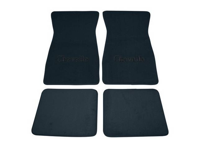 FLOOR MATS, Carpet, Cut Pile, Dark Blue w/ *Chevelle* in black lettering, (4)