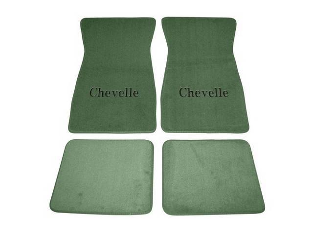 FLOOR MATS, Carpet, Cut Pile, Sage Green (Light Green) w/ *Chevelle* in black lettering, (4)