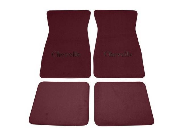 FLOOR MATS, Carpet, Cut Pile, Maroon w/ *Chevelle* in black lettering, (4)