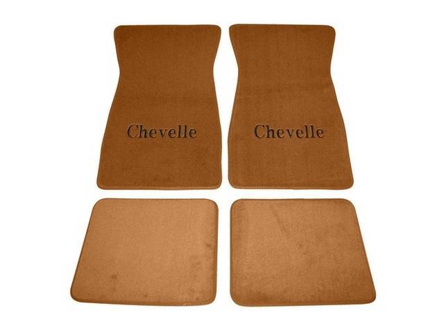 FLOOR MATS, Carpet, Cut Pile, Dark Saddle w/ *Chevelle* in black lettering, (4)