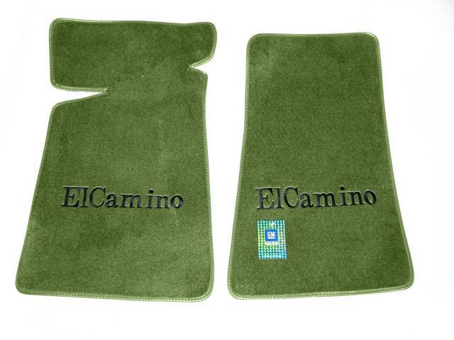 FLOOR MATS, Carpet, Cut Pile, Willow Green (Darker than CH-CFM-6-2J2, lighter than CH-CFM-6-2J1) w/ *El Camino* in black lettering, (2)