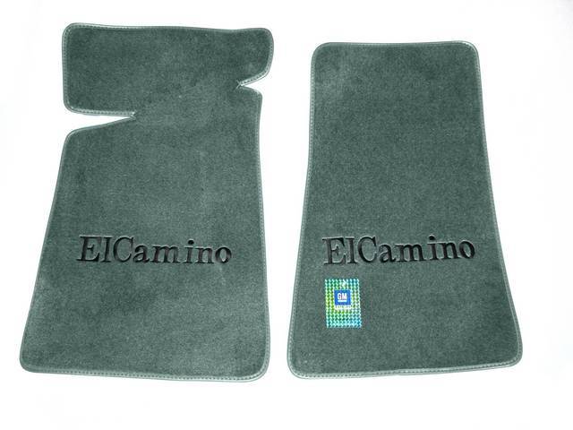 FLOOR MATS, Carpet, Cut Pile, Jade Green (Light Green w/ a blue tint) w/ *El Camino* in black lettering, (2)