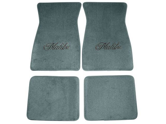 FLOOR MATS, Carpet, Cut Pile, Powder Blue (Medium Blue) w/ *Malibu* in black lettering, (4)