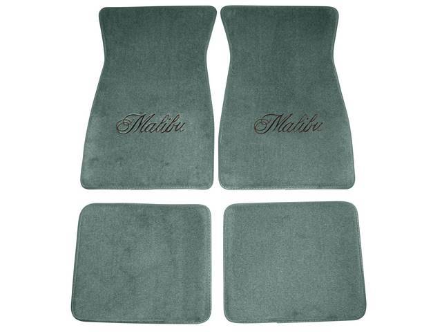 FLOOR MATS, Carpet, Cut Pile, Jade Green (Light Green w/ a blue tint) w/ *Malibu* in black lettering, (4)