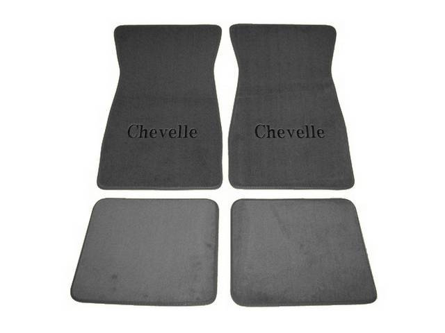 FLOOR MATS, Carpet, Cut Pile, Gray w/ *Chevelle* in black lettering, (4)