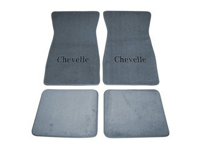FLOOR MATS, Carpet, Cut Pile, Powder Blue w/ *Chevelle* in black lettering, (4)
