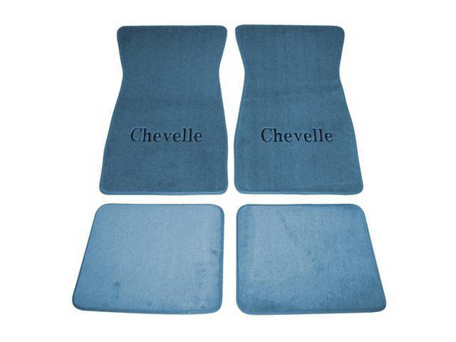 FLOOR MATS, Carpet, Cut Pile, Blue w/ *Chevelle* in black lettering, (4)