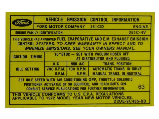 DECAL, ENGINE, EMISSION SPECS, D2OE-9C485-BD, YELLOW