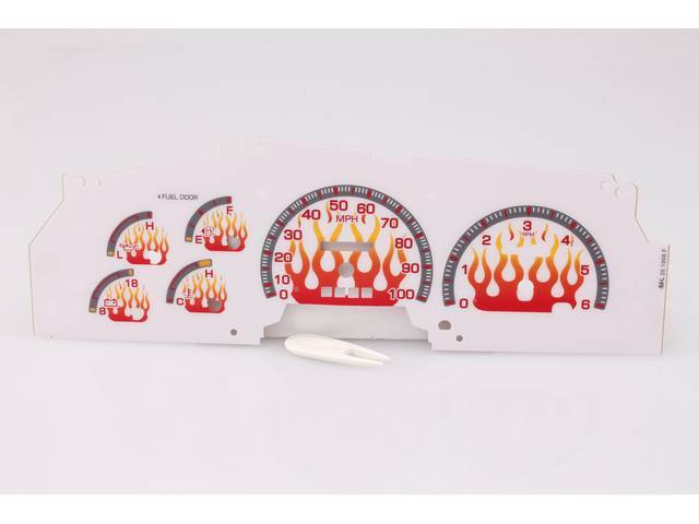 WHITE FLAMES FACE DASH GAUGE INSERT, RED BACK