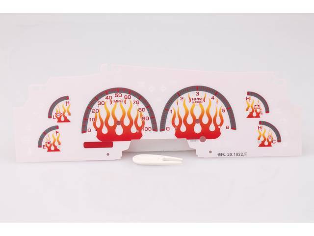 WHITE FLAMES FACE DASH GAUGE INSERT, RED BACK