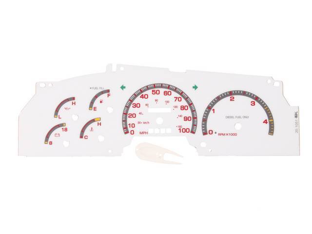 WHITE FACE DASH GAUGE INSERT, RED BACK LIGHT