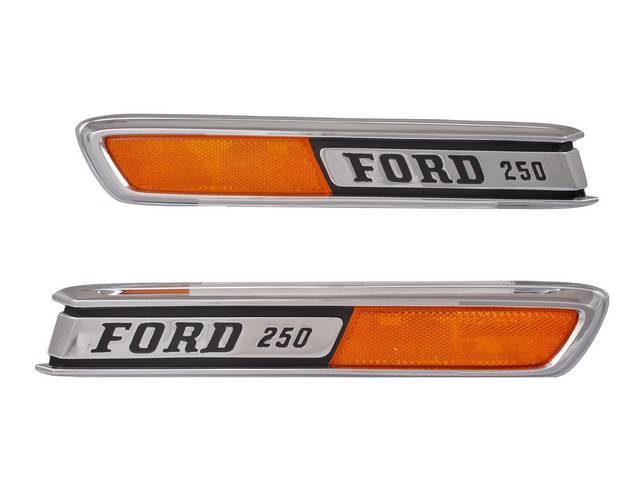 EMBLEMS, HOOD SIDE, “FORD 250”, REPRO, PAIR,  EXCELLENT