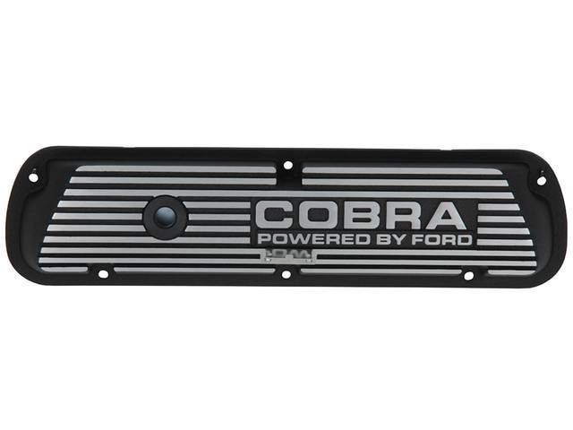 Valve Covers, finned Aluminum, Closed Letter “Cobra Powered By Ford”, Black Wrinkle Finish