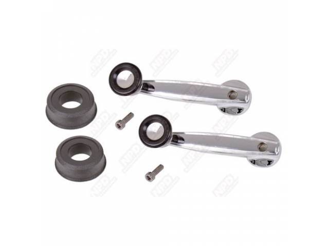 Handle And Washer Set, Quarter Window, Chrome Handle W/ Correct Black Knob, Incl Thick Mounting Washer And Hardware, Pair, Repro