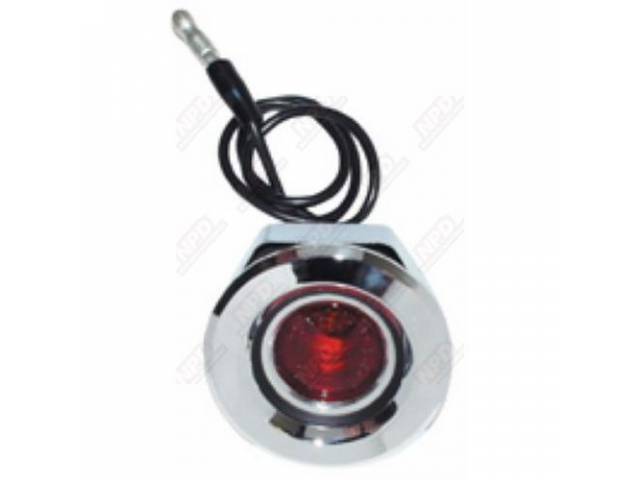 Light Assy, Side Marker, Rear, Curved Style, Red Lens, Incl Chrome Housing And Wiring, Socket, Gasket And Correct Style Retaining Hex Nut