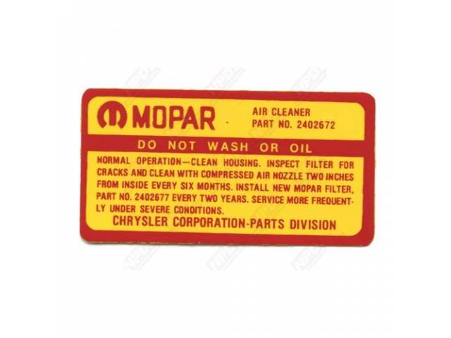 Decal, 361 Air Cleaner Service Instructions,  Correct Material And Screen Printed As Original, Officially Licensed Product By Chrysler Llc