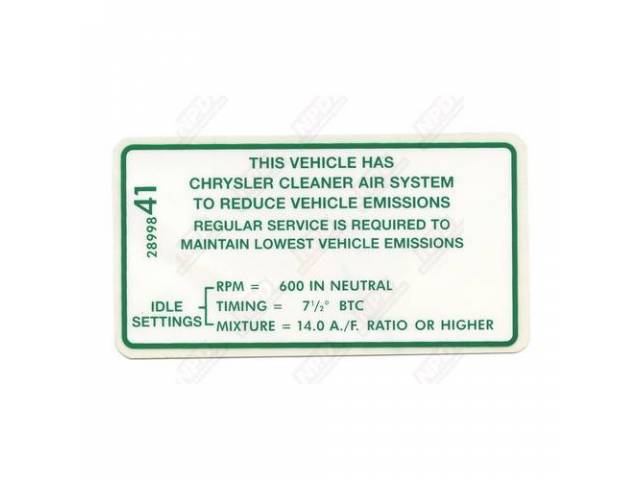 Decal, Emission, Correct Material And Screen Printed As Original, Officially Licensed Product By Chrysler Llc