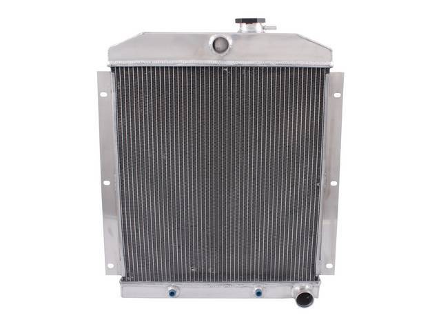 RADIATOR, Aluminum, Champion, 3 row w/ transmission cooler, 20 3/4 inch x 19 3/4 inch x 2 1/2 inch thick core dimensions, 26 3/4 inch x 23 inch overall dimensions, 1 1/2 inch top center inlet, 1 3/4 inch RH outlet, bracket-style mount