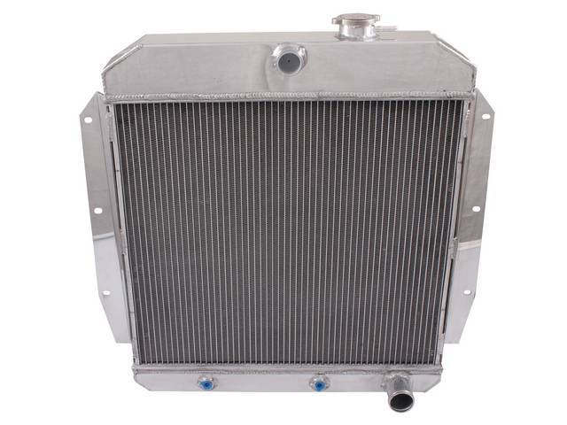 RADIATOR, Aluminum, Champion, 3 row w/ transmission cooler, 19 3/8 inch x 21 3/4 inch x 2 inch thick core dimensions, 26 3/4 inch x 26 1/2 inch overall dimensions, 1 1/2 inch top center inlet, 1 3/4 inch RH outlet, bracket-style mount