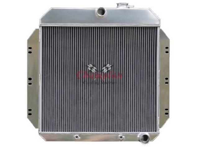 RADIATOR, Aluminum, Champion, 3 row w/ transmission cooler, 18 7/8 inch x 21 3/4 inch x 2 inch thick core dimensions, 25 inch x 26 5/8 inch overall dimensions, 1 1/2 inch top center inlet, 1 3/4 inch RH outlet, bracket-style mount