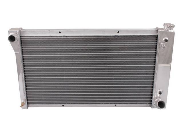 RADIATOR, Aluminum, Champion, 3 row w/ transmission cooler, 17 inch x 28 1/4 inch x 2 1/2 inch thick core dimensions, 19 1/4 inch x 33 7/8 inch overall dimensions, 1 1/2 inch LH inlet, 1 3/4 inch RH outlet, saddle-style mount