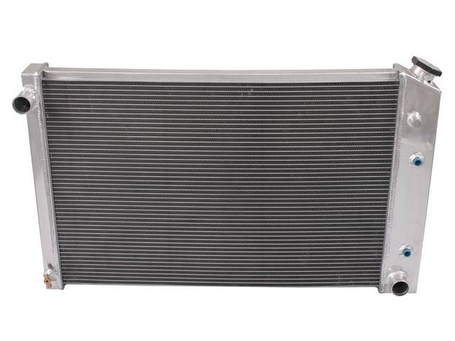 RADIATOR, Aluminum, Champion, 3 row w/ transmission cooler, 19 inch x 28 1/4 inch x 2 1/2 inch thick core dimensions, 20 1/4 inch x 33 1/4 inch overall dimensions, 1 1/2 inch LH inlet, 1 3/4 inch RH outlet, saddle-style mount