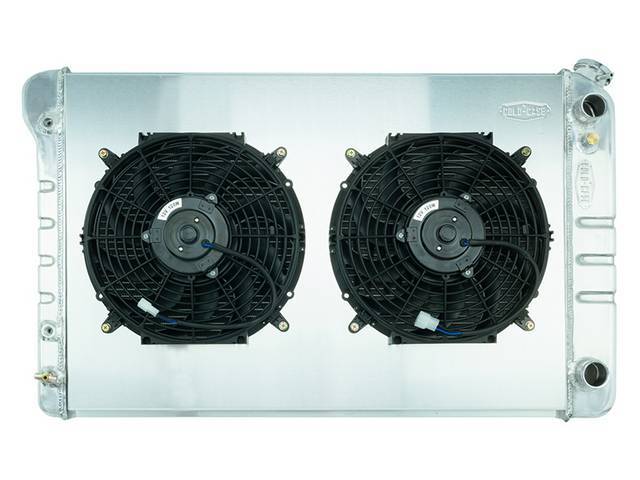 RADIATOR AND FAN KIT, Cold Case, incl p/n K-1219-78JAB cross flow 2 row aluminum radiator, aluminum fan shroud w/ a pair of 12 inch diameter electric fans and attaching hardware, wiring and relay kit available separately under p/n 8K621-1CCA