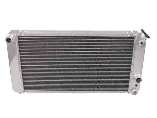 RADIATOR, Aluminum, Champion, 3 row w/ transmission cooler, 14 3/4 inch x 26 1/4 inch x 2 inch thick core dimensions, 18 inch x 32 inch overall dimensions, 1 3/8 inch LH inlet, 1 3/4 inch RH outlet, pin-style mount