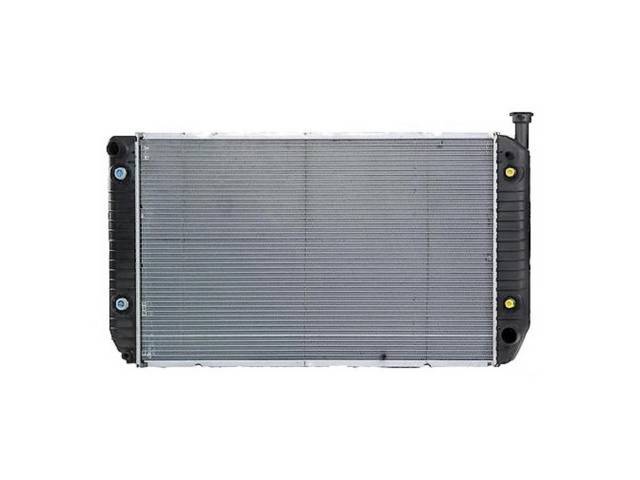 RADIATOR, Replacement Style, plastic tanks and aluminum core, 34 inch x 19 1/4 inch x 2 1/4 inch core, 3 Row, 1 5/16 inch inlet and 1 9/16 inch outlet, repro