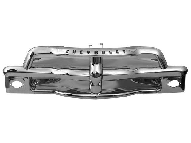 GRILLE, Radiator, chrome finish, incl parking light openings, grille nose and cross bars, features *Chevrolet* lettering in black along top edge, repro