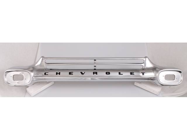 GRILLE, Radiator, chrome finish, features *Chevrolet* lettering in black, repro