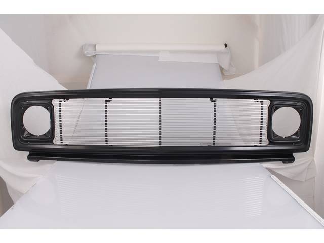GRILLE, Radiator, billet, black painted outer shell w/ 4 mm thick aluminum billet bars, chrome and black finish, incl black head light bezels and custom hood release rod, repro