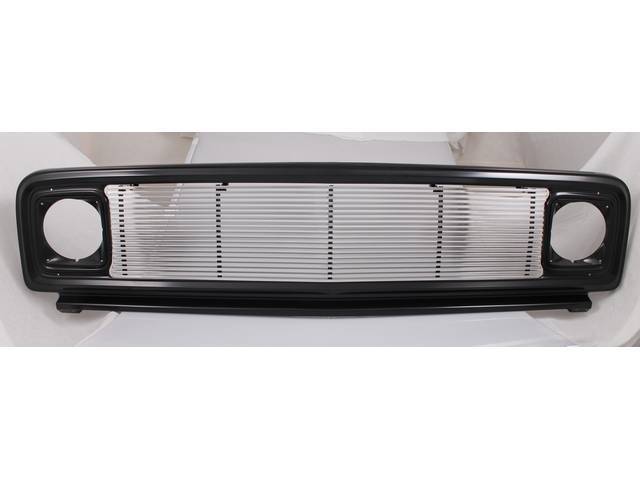 GRILLE, Radiator, billet, black painted outer shell w/ 8 mm thick aluminum billet bars, chrome and black finish, incl black head light bezels and custom hood release rod, repro