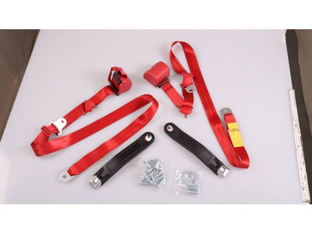 Bucket Seats 3-Point Retractable Seat Belt Conversion Set, Red belts with Starburst emblem in silver buckles, Reproduction for (73-91)