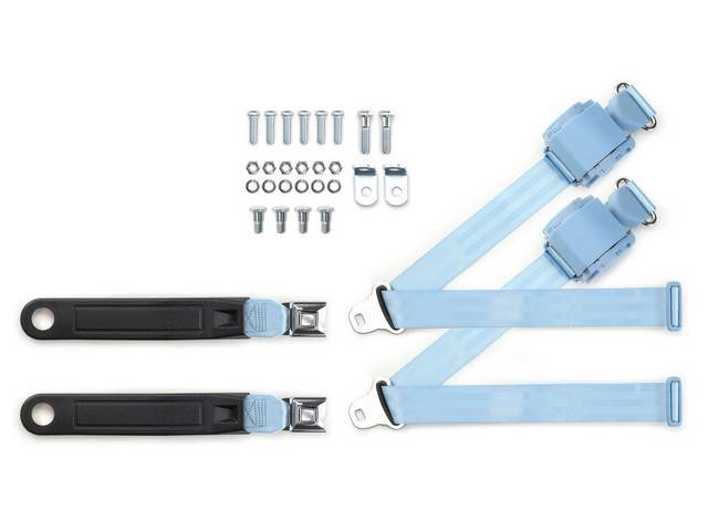 Bucket Seats 3-Point Retractable Seat Belt Conversion Set, Powder Blue belts with Starburst emblem in silver buckles, Reproduction for (73-91)