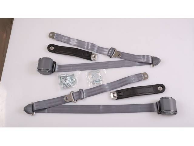 Bucket Seats 3-Point Retractable Seat Belt Conversion Set, Blue belts with Starburst emblem in silver buckles, Reproduction for (73-91)