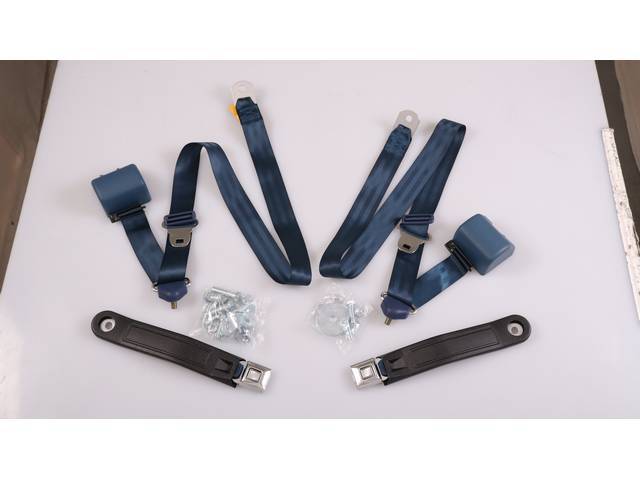 Bucket Seats 3-Point Retractable Seat Belt Conversion Set, Dark Blue belts with Starburst emblem in silver buckles, Reproduction for (73-91)