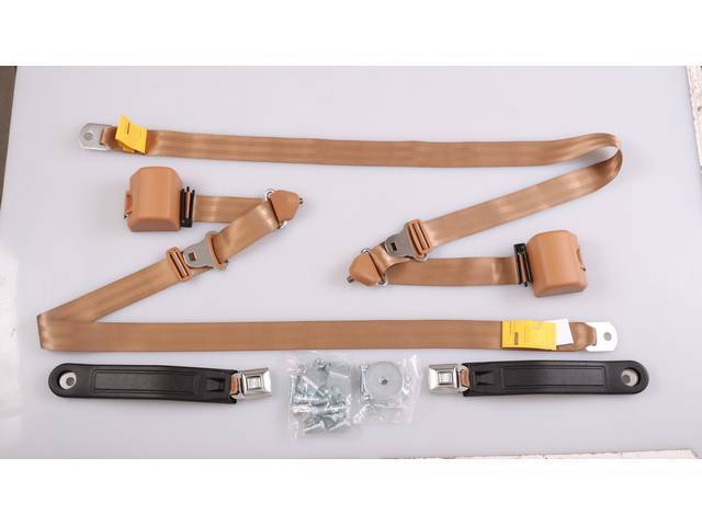 Bucket Seats 3-Point Retractable Seat Belt Conversion Set, Tan belts with Starburst emblem in silver buckles, Reproduction for (73-91)