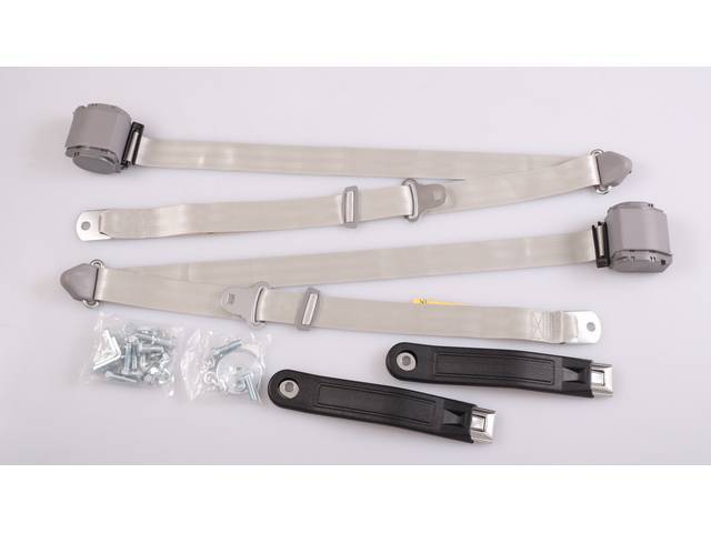 Bucket Seats 3-Point Retractable Seat Belt Conversion Set, Gray belts with Starburst emblem in silver buckles, Reproduction for (73-91)