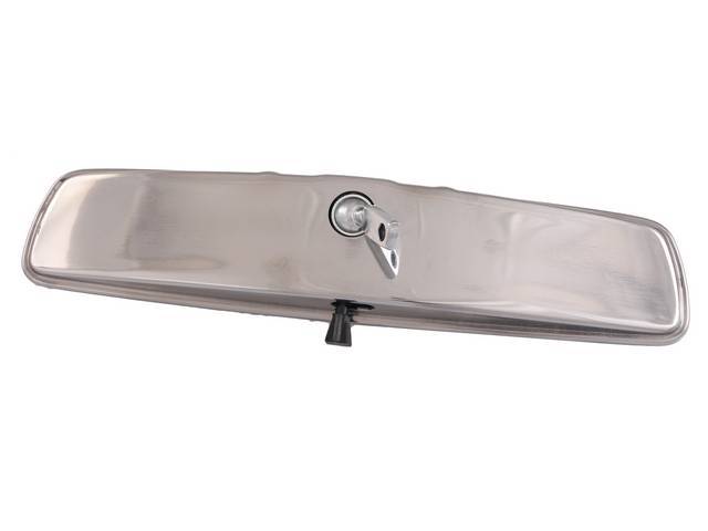 MIRROR, Rear View, Inside, Day / Night, 10 inch length, polished stainless steel w/ black twist knob, no rubber trim, repro
