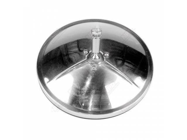 MIRROR, Rear View, Outside, round head w/ 3 ribs / star pattern, polished stainless steel finish, 5 5/8 inch diameter, does not incl bracket or hardware, repro